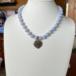 925 Sterling Silver Blue Lace Agate w/Marcasite Flower Enhacer.